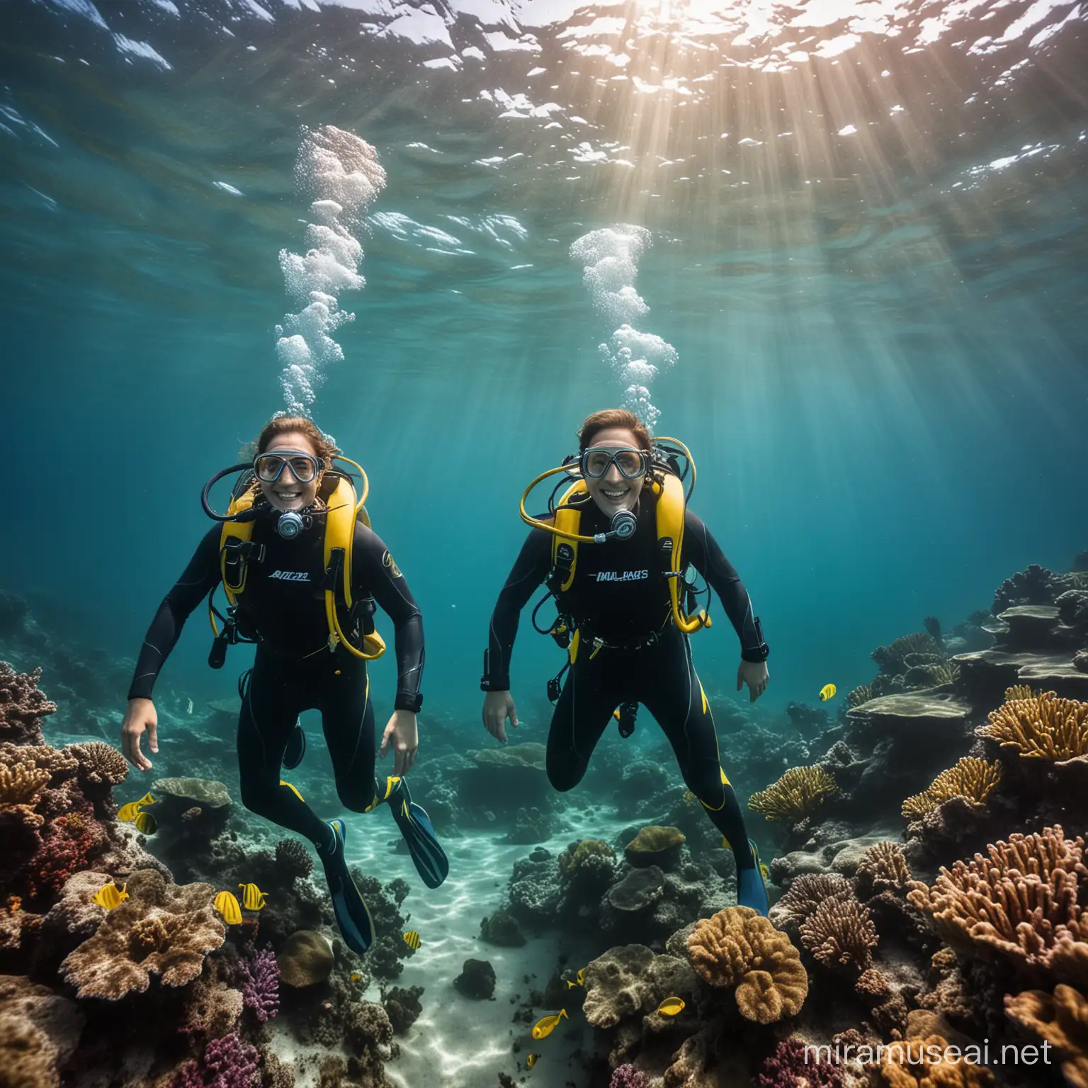Create a vibrant underwater scene featuring two enthusiastic scuba divers wearing colorful wetsuits and aqualungs. The divers should be depicted with big smiles on their faces as they pose for the camera, surrounded by the mesmerizing beauty of the ocean depths. Capture the essence of adventure and camaraderie in this underwater exploration moment