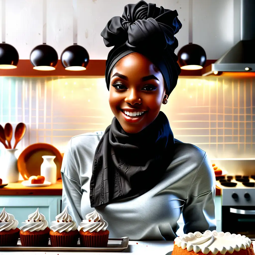 Beautiful black woman with headwrap and turtleneck shirt baking cakes smiling ultrarealistic 