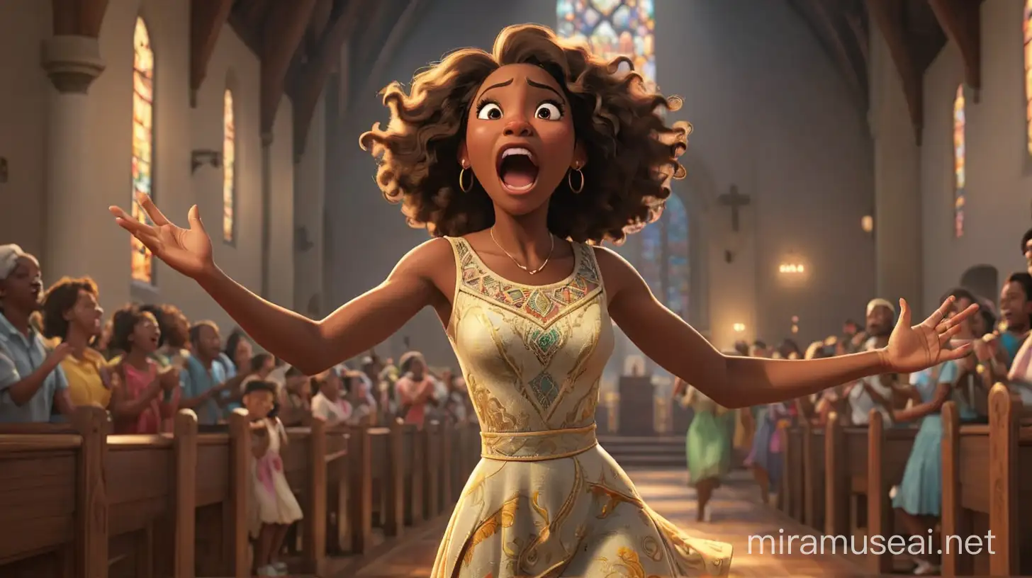 create a  image of an African -American woman shouting as she dances in church.
 illumination, Disney- Pixar style illustration 3-D Animation, 4k