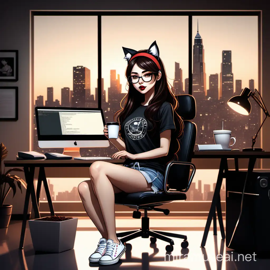 A charming illustration of a a cute anime-girl with a imac, with long dark brown hair, working diligently as a graphic designer. The girl is wearing black rock shirt with red lipstick, and wearing white converse shoes with glasses, wearing cat ears headband, sitting on a cozy chair, with a cup of coffee and a notepad nearby. The room has a minimalist design, with a vintage computer and modern, sleek furniture. The background reveals a city skyline, with a soft, golden glow.