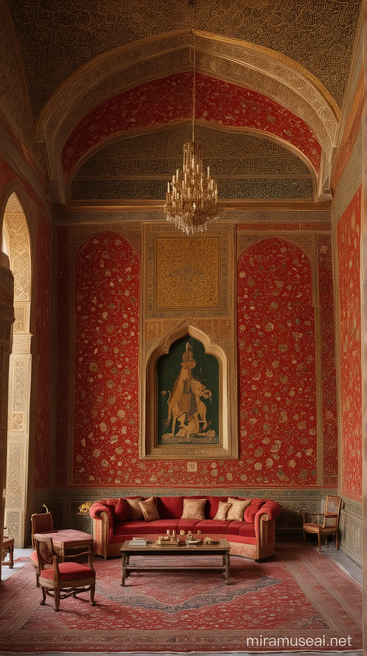 In one of the opulent and splendid chambers of the Persian palace, there stands a doctor before an intricately adorned throne. The room is adorned with rich red and golden furnishings, and the doctor, holding a medical tome, stands solemnly beside the throne. Surrounding him are other attendants and advisors of the palace, some engaged in conversation or attending to duties. Adorning the walls are lion figurines, symbolizing the might of the Persian Empire. Illumination is provided by magnificent chandeliers, casting a regal glow throughout the room.

