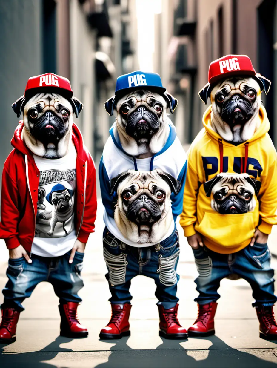 3 pug dogs wearing hip hop style street clothes, hats, and boots, standing up for a poster 