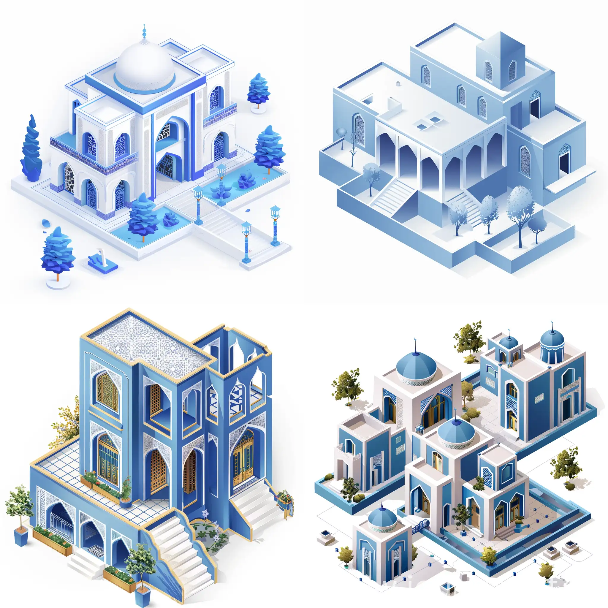 Meeting the future of residential architecture with regard to historical architecture ، Persian architecture ، 2d illustration ، isometric ، poster design ، Persian bleu  ، graphic rendering ، white background