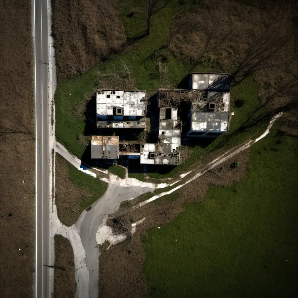 A straight top down, satellite view of an abandoned farm, "Fallout"-style. It's on an abandoned rural road,  cracked and pitted with potholes, overgrown with weeds and grasses. The pavement is crumbling and weathered, and there are signs of decay and neglect throughout. It should be in a dark and gritty style.