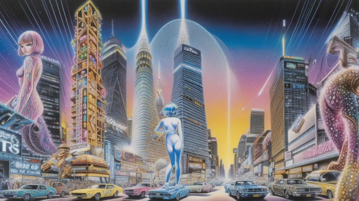 Cityscape with Electric Arcs and Jewels in the Sky Retro Psychedelic Poster Art by Hajime Sorayama