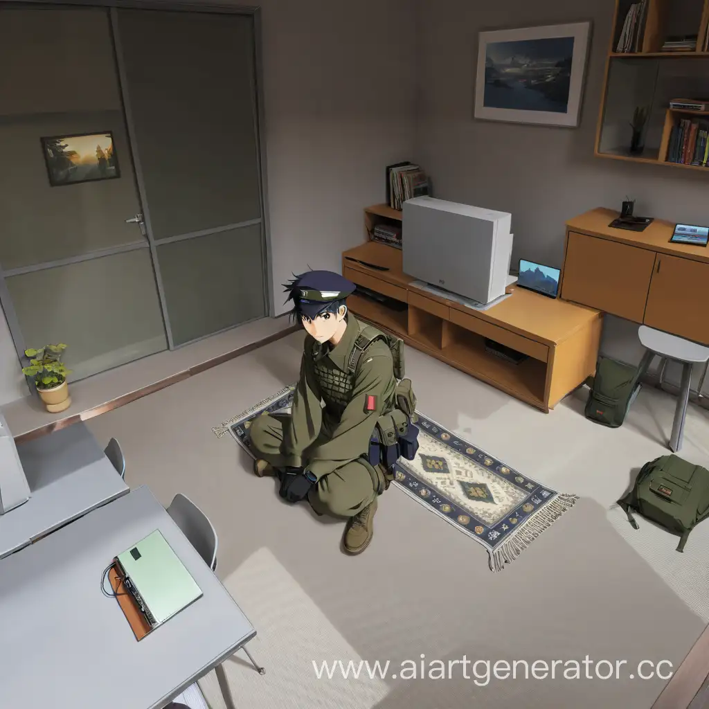 Аниме солдат,сидит на диване,на стене весит ковёр,рядом с ним стол, на столе компьютеры