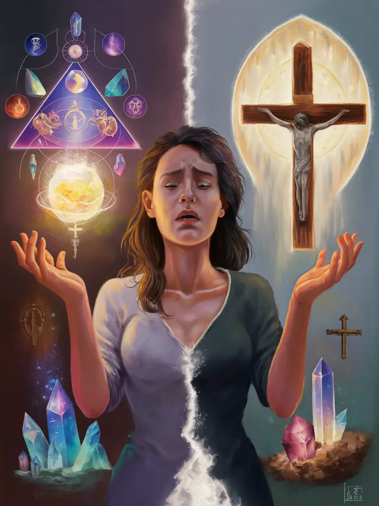 digital painting of a beautiful woman will be depicted at a pivotal moment of decision, torn between the allure of new age practices on the left side and the calling of her Christian faith on the right side. The painting will capture the tension and conflict as she grapples with the choice that will shape her spiritual destiny.