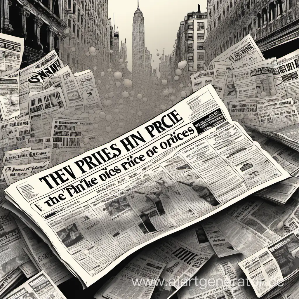 Иллюстрация с газетными заголовками и взрывной динамикой цен на фоне.