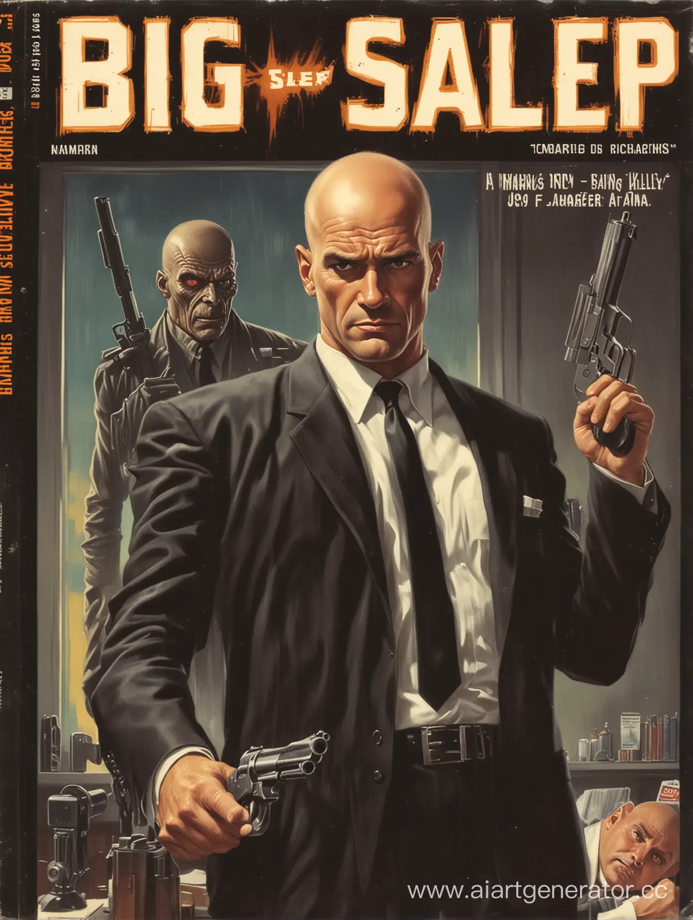 Create a 1950's lurid pulp fiction book cover with a bald man and a gun
The title of the book is "Big Sales Robot"