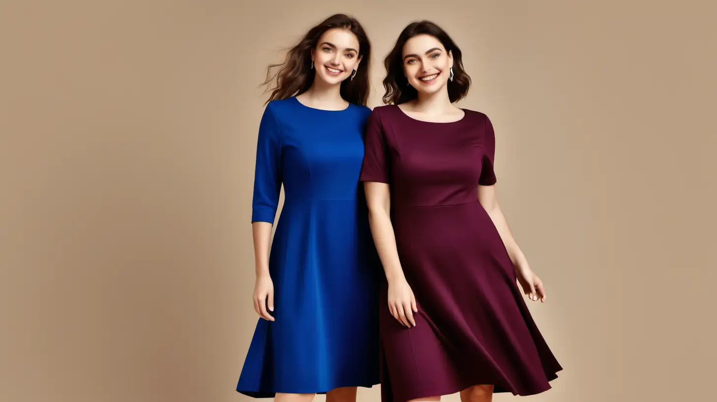 Fashion Forward Two Happy Women Showcasing New Arrivals in Classic Cobalt Blue and Bordo Dresses