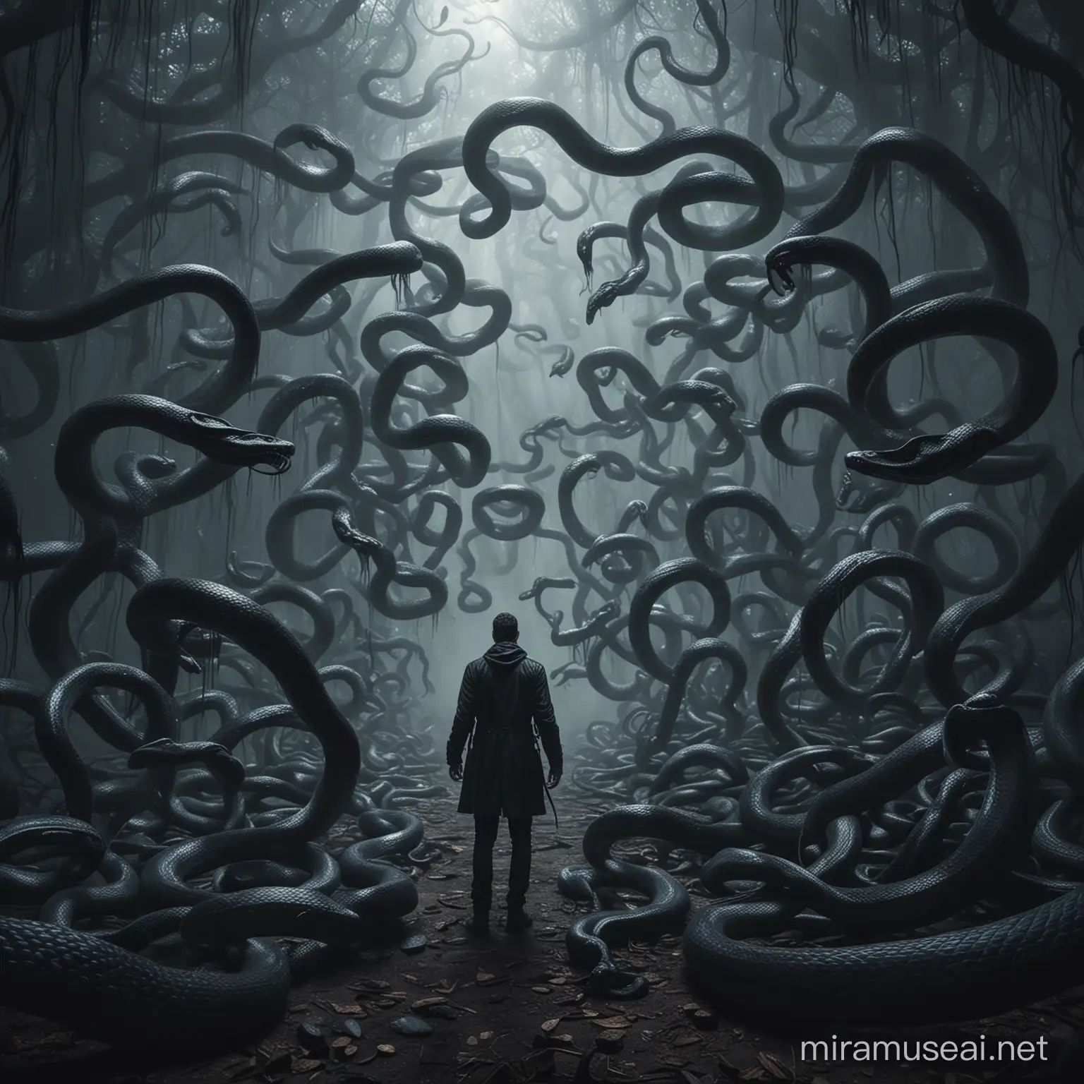 Mysterious Adventurous Man Encircled by Sinister Black Snakes in Cinematic Scene