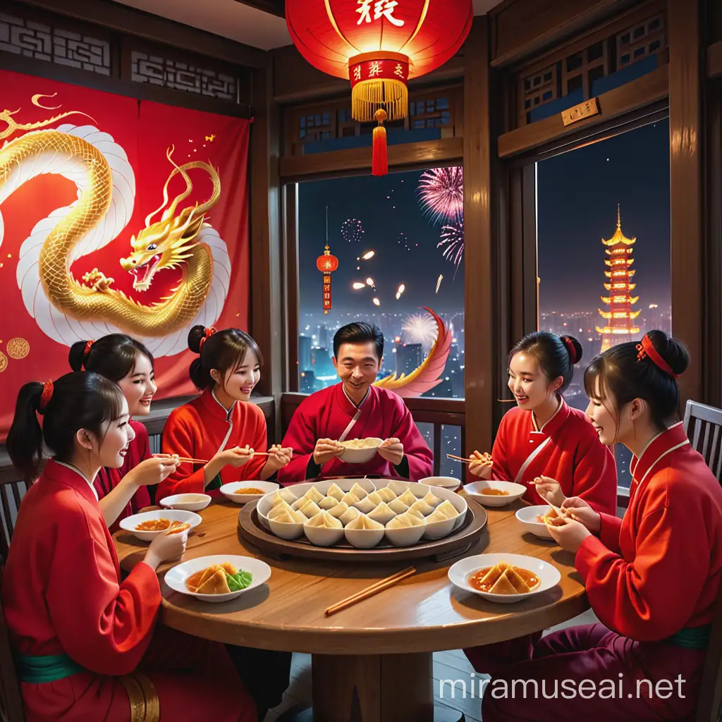 People eating dumplings at a round table wearing red clothes, fireworks and red and golden dragon out the window.