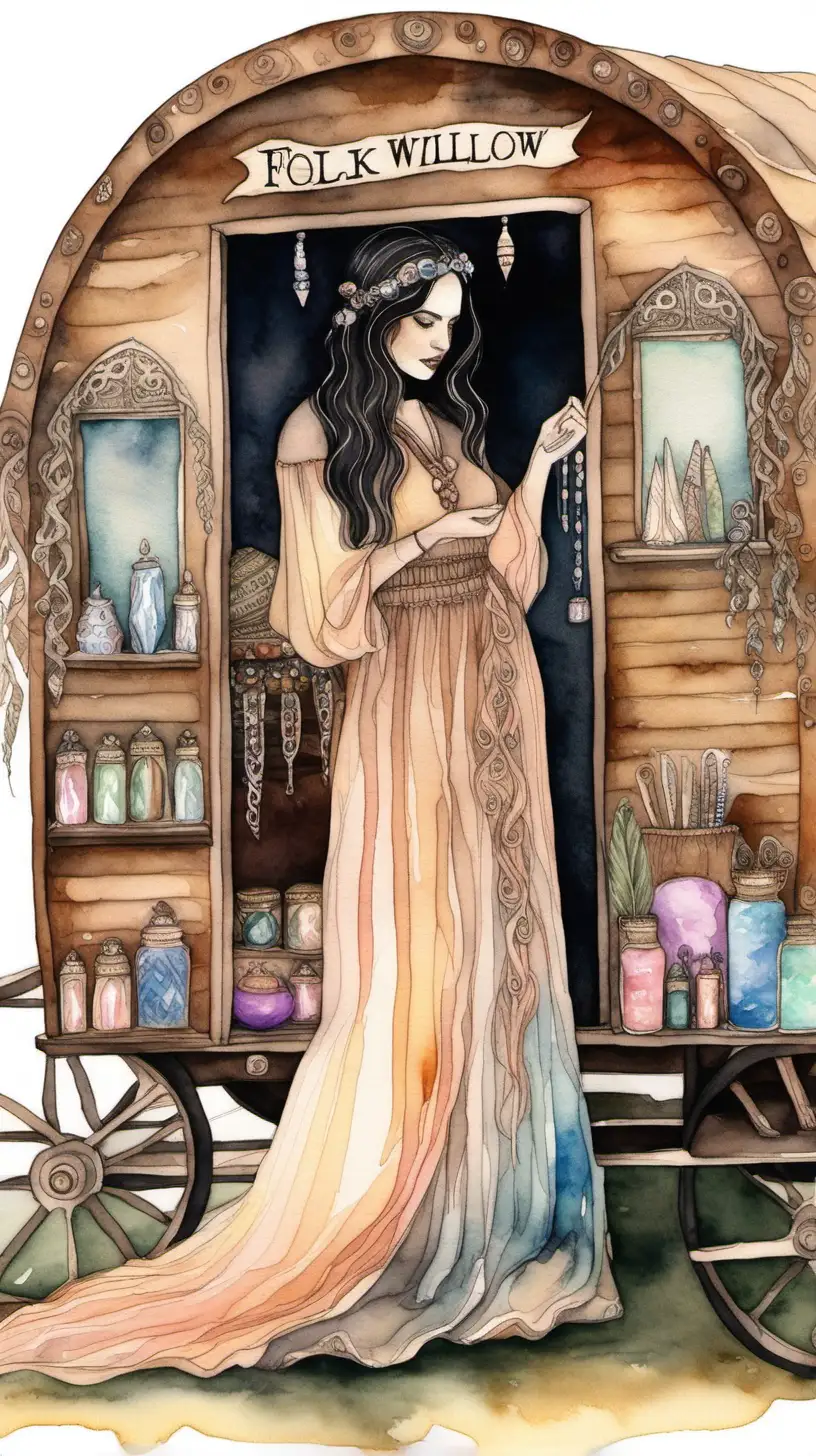 a pastel colour watercolour painting , the words - Folk Willow.com.au at bottom of painting , a dark haired woman with eyeliner & mascara selling crystals & incense & long dresses  in a gypsy wagon