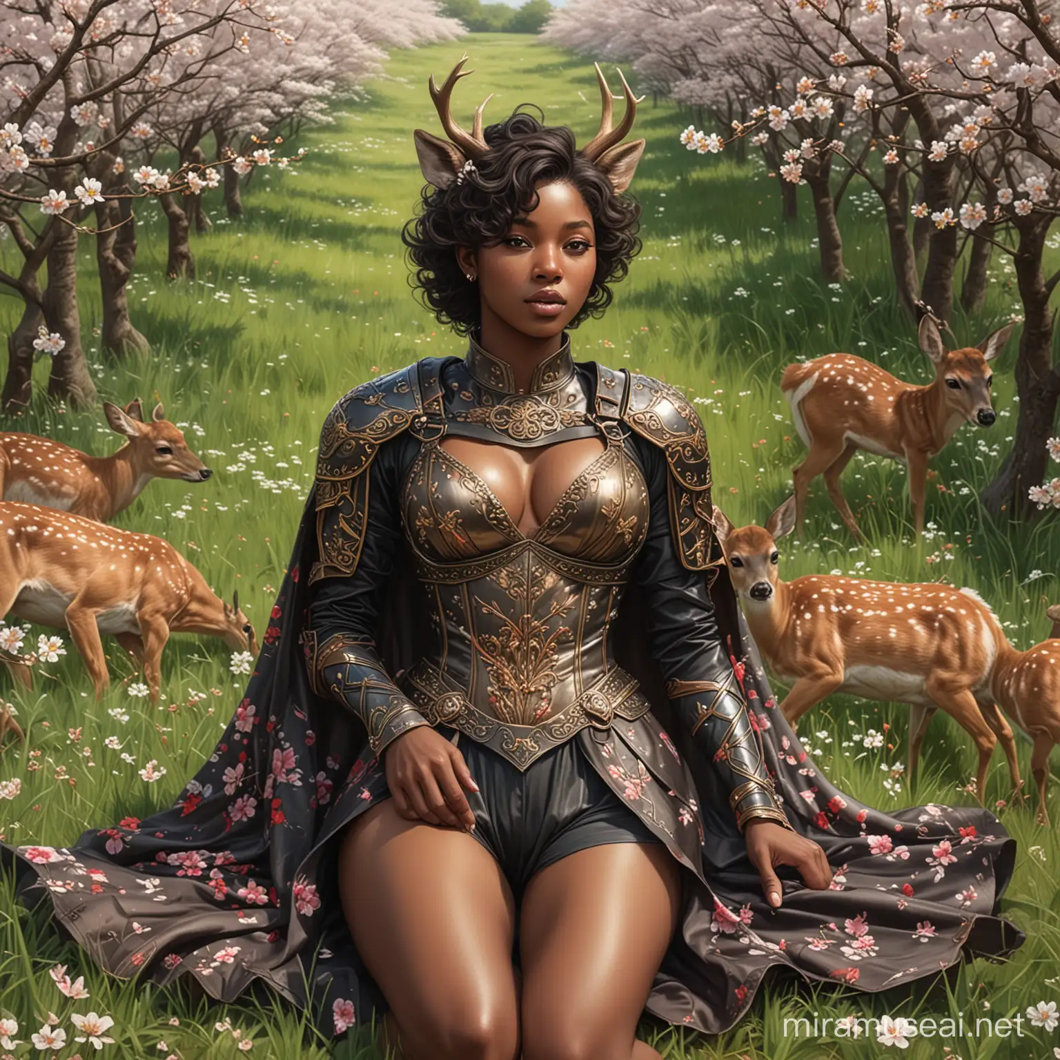 Lying down playing peek-a-boo.The image shows a herd of deer in a field, surrounded by Cherry blossoms trees and grass.The image features a person wearing a garment. The person is depicted as a fictional character in a cartoon style, wearing armor and a breastplate.Black woman beautiful face is shown.  The woman's body parts such as chest, thigh, stomach, and abdomen are visible.painterly smooth, extremely sharp detail, finely tuned detail, 8 k, ultra sharp focus, illustration, illustration, art by Ayami Kojima Beautiful Thick Black