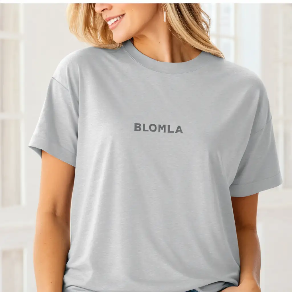 blonde woman wearing bella canvas 3001 athletic heather oversized t-shirt mockup, simple boho background, soft light
