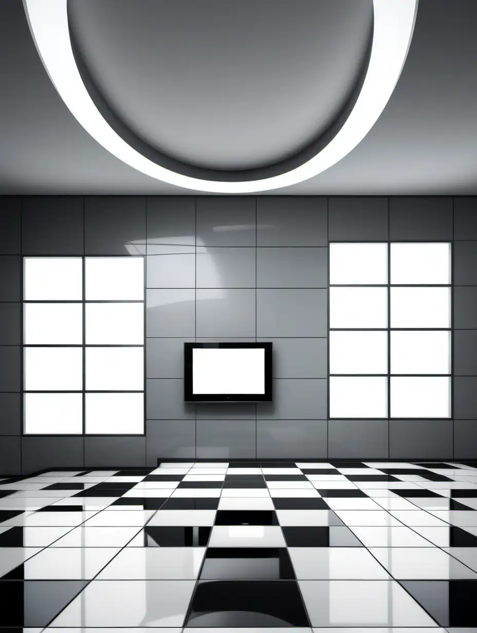 create a grey  and white themed background with white circle windows , open space squares on the wall and a black  glossy square tile  floor with a large box television
