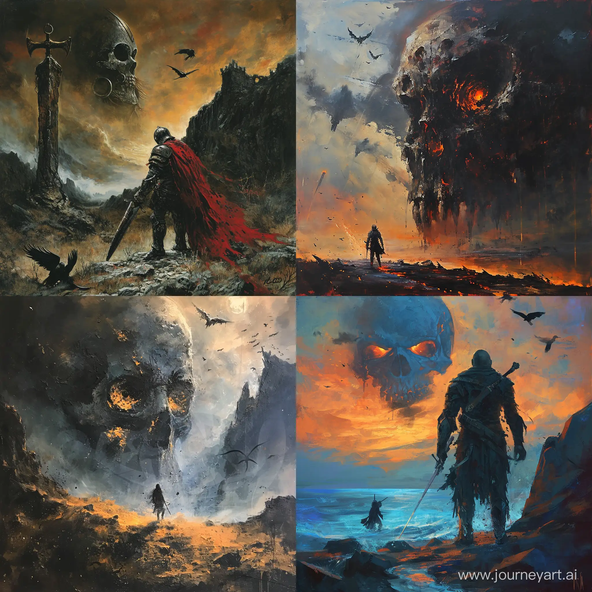 Acrylic paint, ::1.5. a warrior stands in a desolate land with a giant skull looming above them. The warrior is equipped with a sword and shield, there is a skull with glowing eyes in the background. The scene is set at dusk, there are crows flying around. высокое разрешение, высокая чёткость, чёткое изображение, микро детализация, высокая детализация, ультра реализация, максимальная детализация, много деталей, глубокие детали, детальное изображение, четкие линии. --v 6