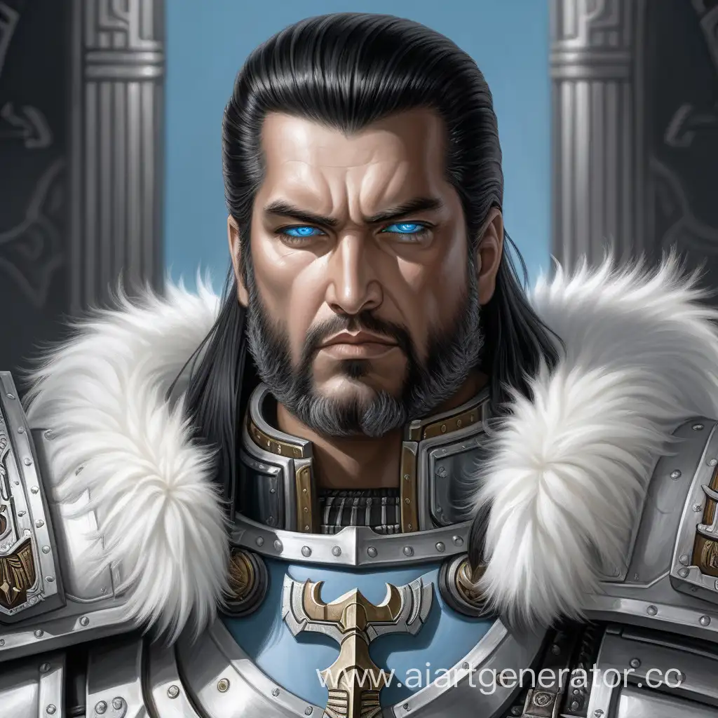 Примарх, чёрные волосы средней длинны уложенные назад, борода, светло-голубые глаза, серебряная броня, белый мех, warhammer 40000, симметрия, портрет 