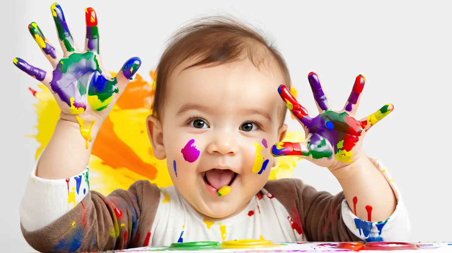 one happy baby child draws with colored paints hands