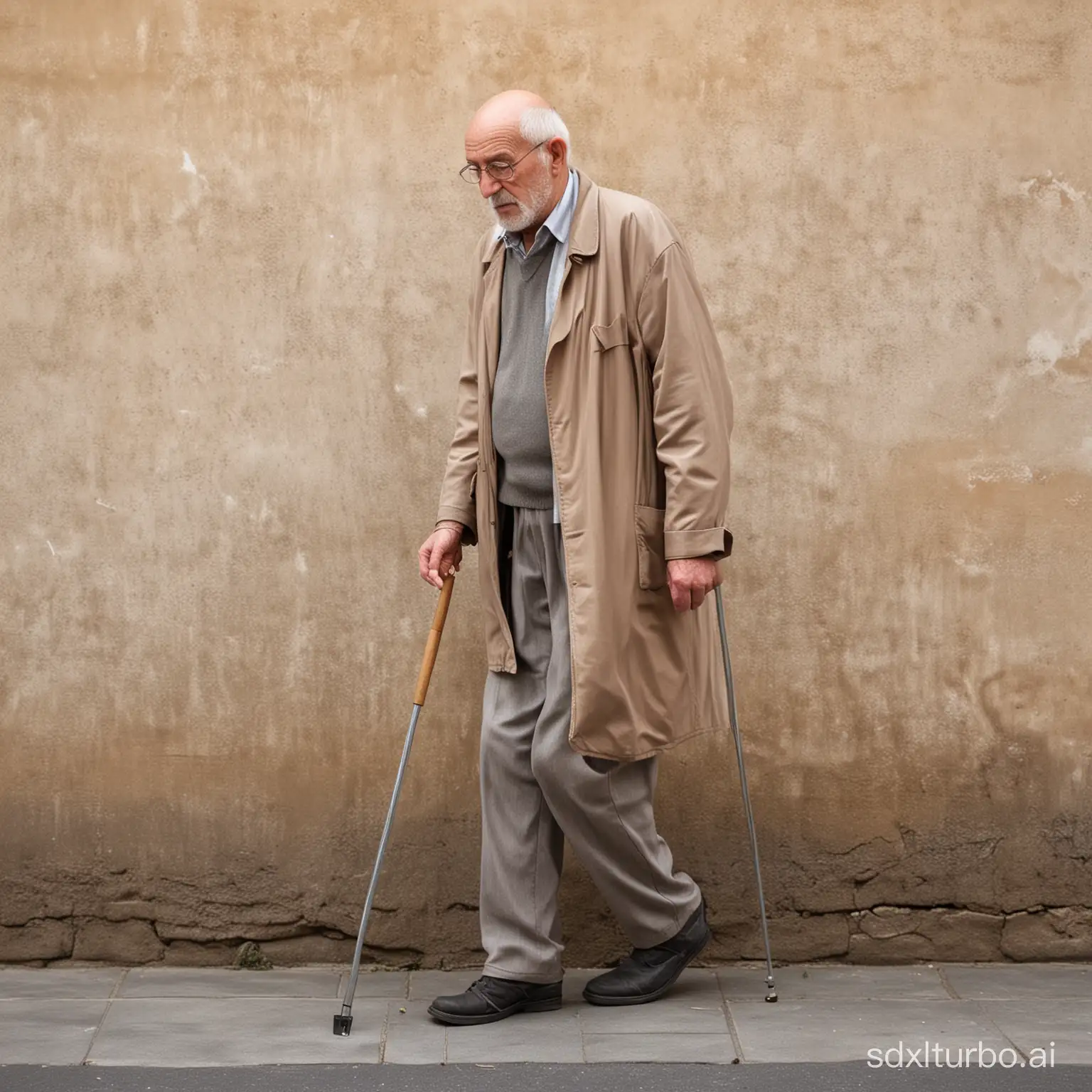 ANCIANO DELGADO MUY 
ENFERMO CAMINANDO CON BASTON