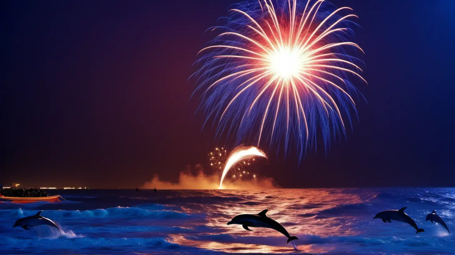 Dolphins from the sea watch as on the beach people celebrate, In the sky A large number of New Year's Eve fireworks, all over the sky, colorful, jubilant, breathtaking, dynamic, high contrast,


