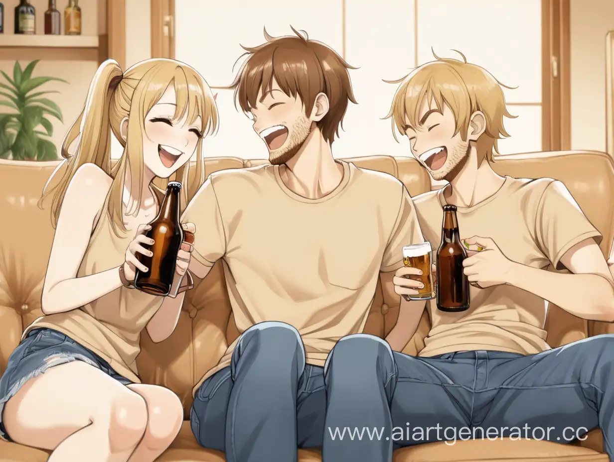 Joyful-Blonde-Girl-and-Guy-Enjoying-Beer-on-Beige-Sofa-Anime