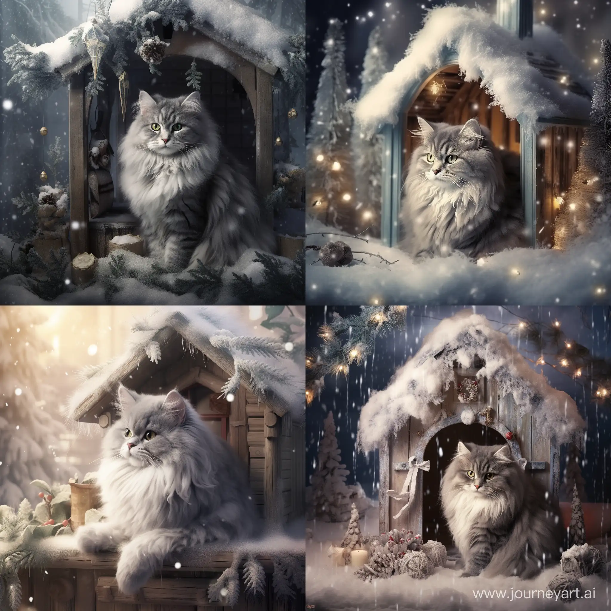 Enchanting-Christmas-Tale-Giant-Fluffy-Cat-Hugs-Wooden-House-in-Snowy-Forest