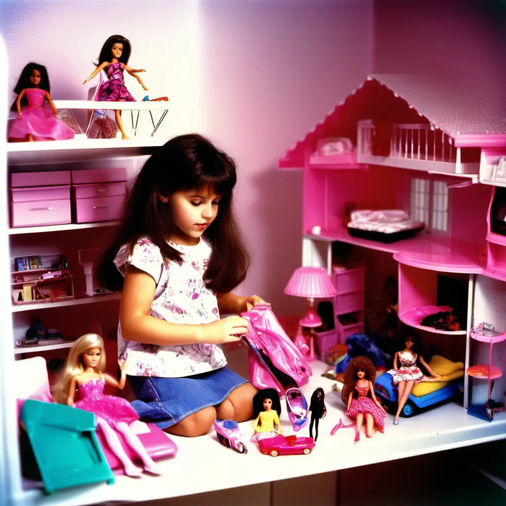 Brunette Girl Playing with Barbies in White Room 1990s Childhood Fun