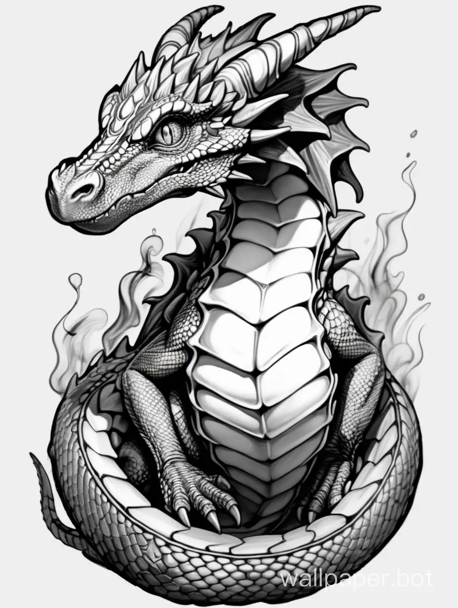 head of a baby dragon, full centered wrapped around snaked body, manga hatching, fluid smoke, monochromatic, high contrast, sticker style