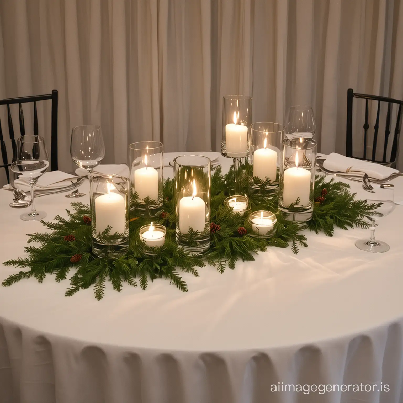 show a table with a white tablecloth set for a wedding with a centerpiece of 3 wine glasses that are different heights, each filled with water and a floating lit candle and an evergreen ring around the base of the centerpiece