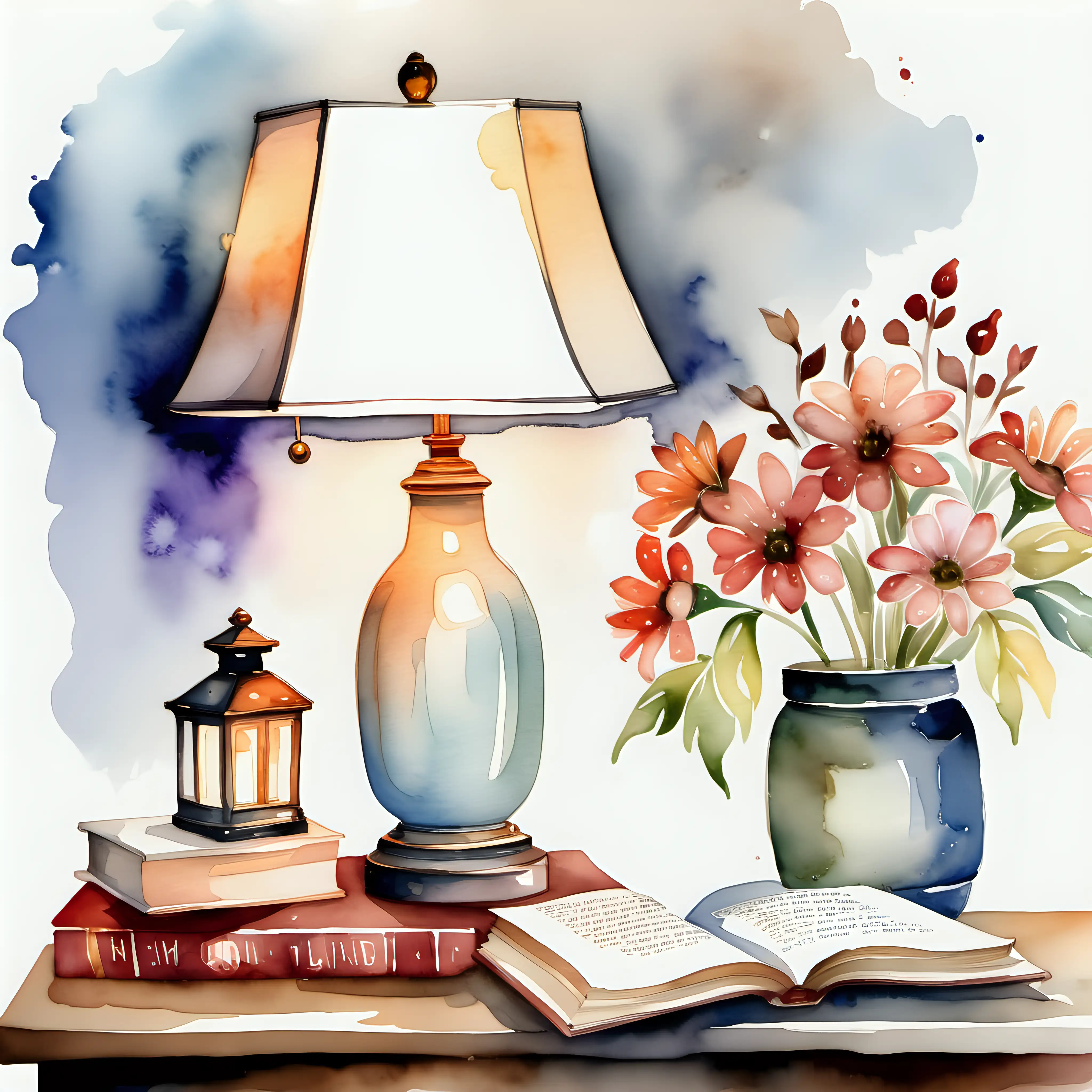 Cozy Reading Corner with Watercolor Table Lamp Flowers and Books