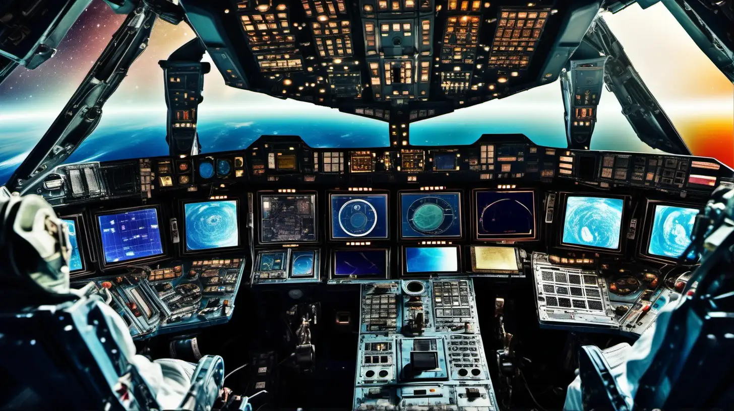 Cockpit of a spacecraft, vivid colors, photographic quality, highly detailed.
