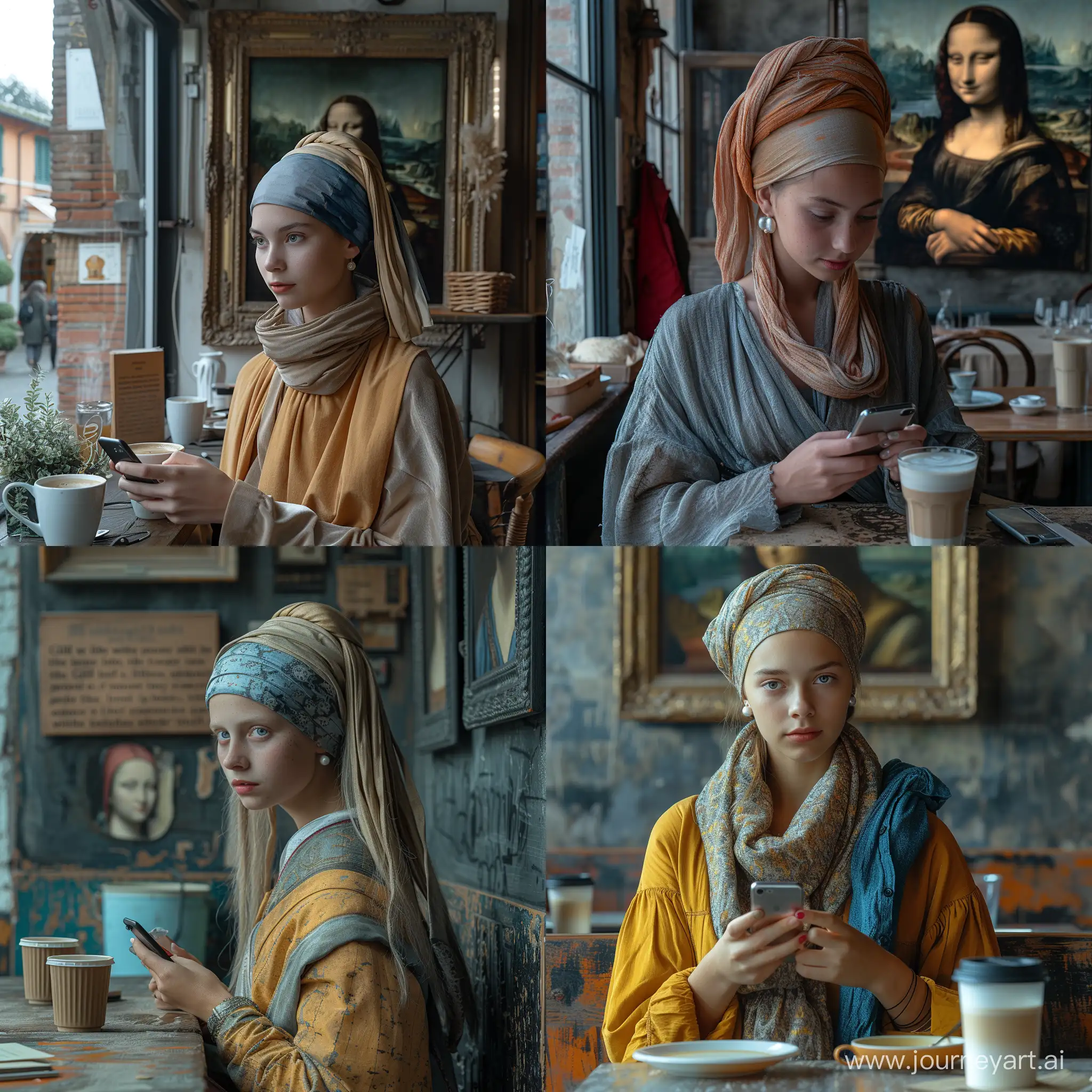 "Girl with a pearl earring" and the mona lisa modern digital photograph, in italy, sitting at an outdoor cafe looking at her cellphone, latte sitting on the table --stylize 750 --v 6