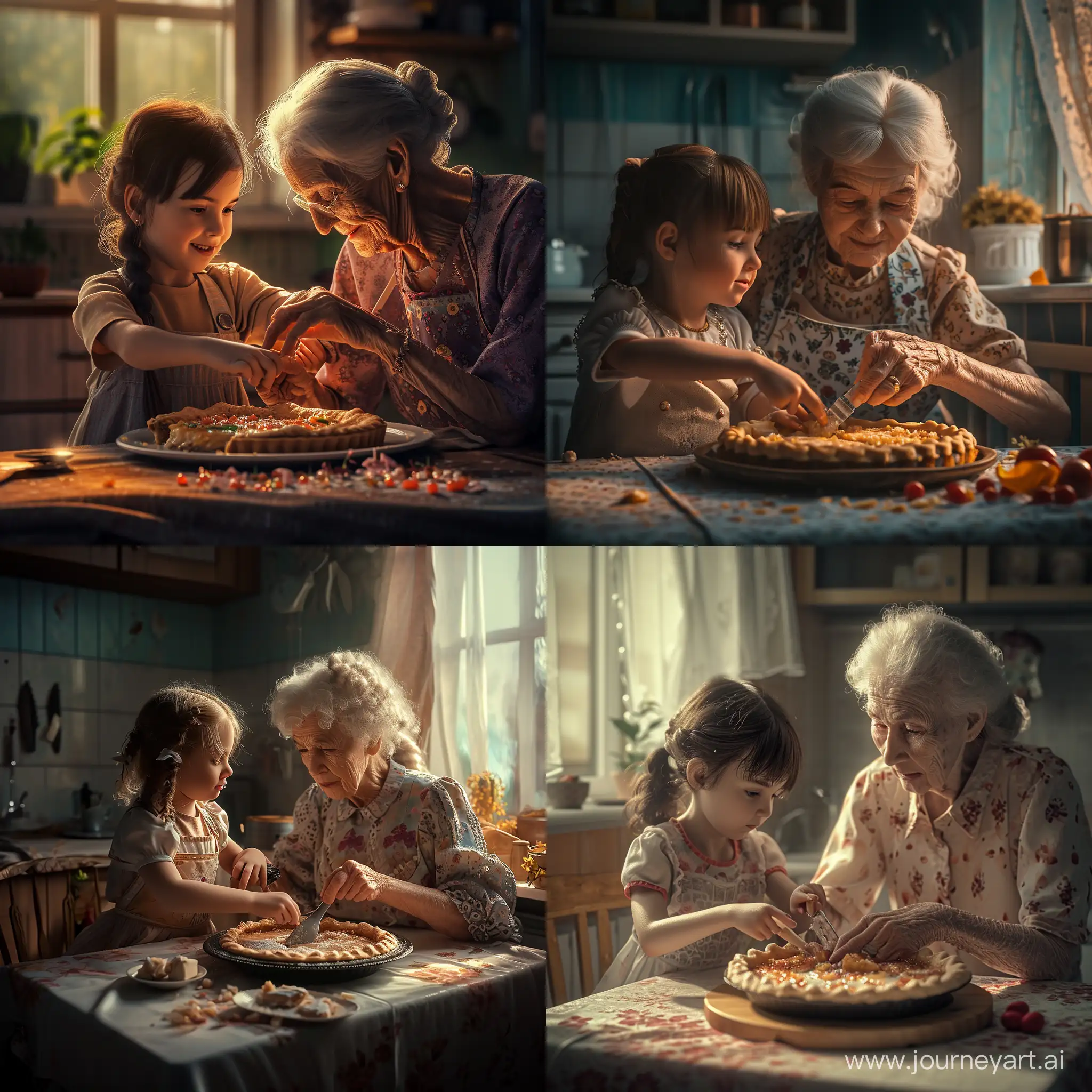 a little girl with a grandmother making a pie, traditional Ukrainian cuisine, minimalistic kitchen, heartwarming and beautiful, protect, guide, connecting life, cinematic soft light, (extremely detailed eyes and face), (extremely detailed teeth and mouth), (extremely detailed fingers), hyperrealistic photo, high quality, high detailed