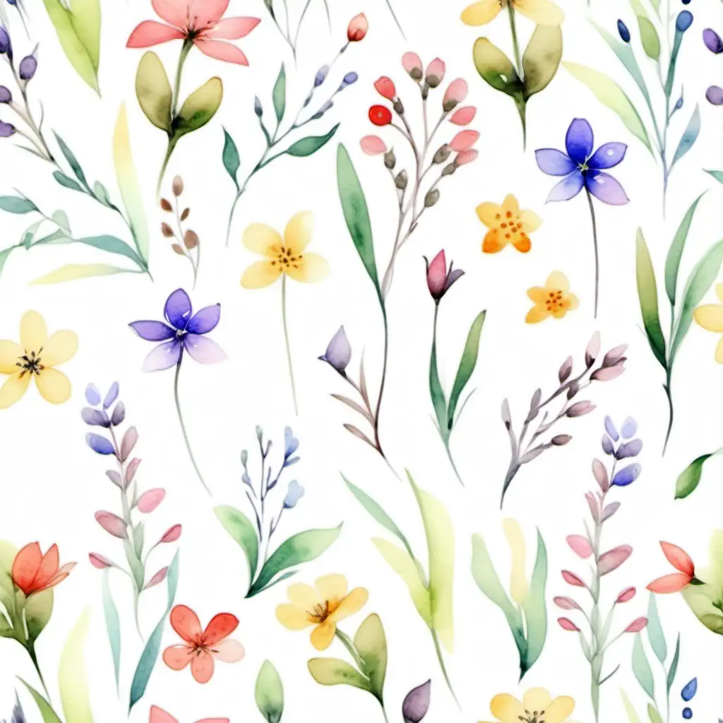 Delicate Watercolor Style Spring Flowers on White Background