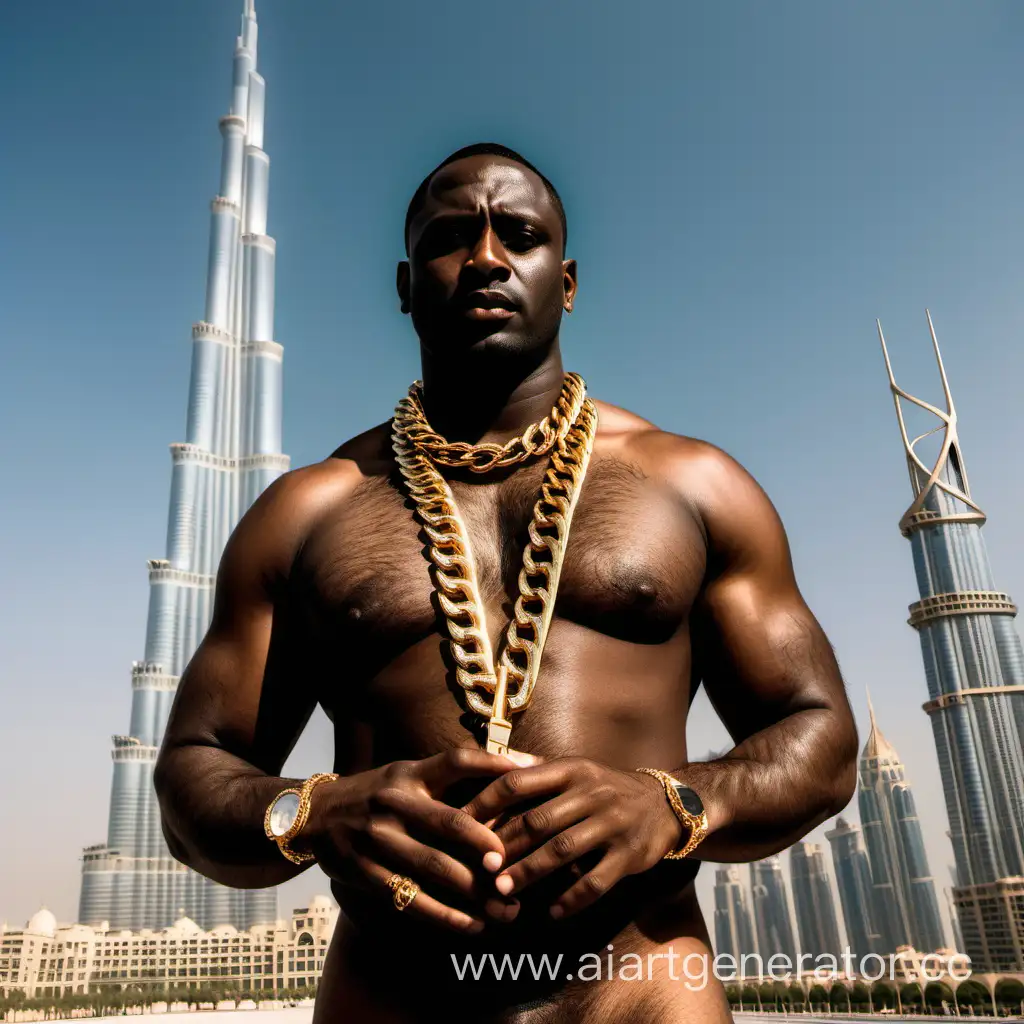 Очень толстый голый черный мужчина на фоне бурдж халифа и с золотой цепью на шеи