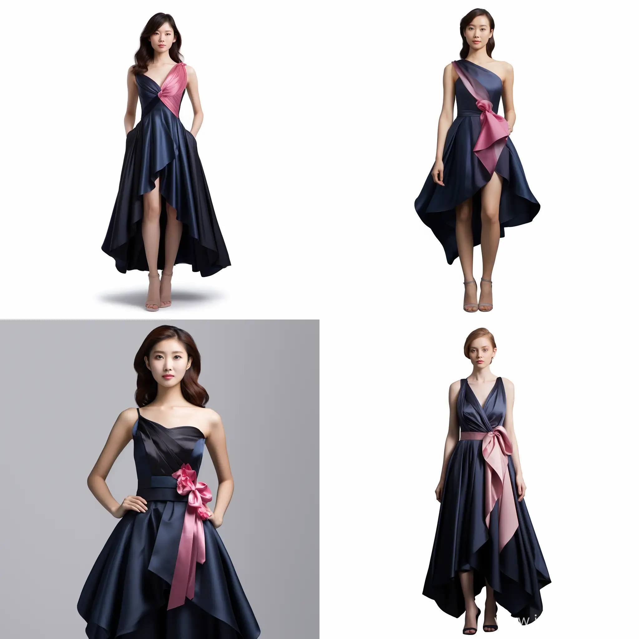 вечернее платье в корейском стиле в темно синих и розовых оттенков с вырезом до колен и открытым декольте