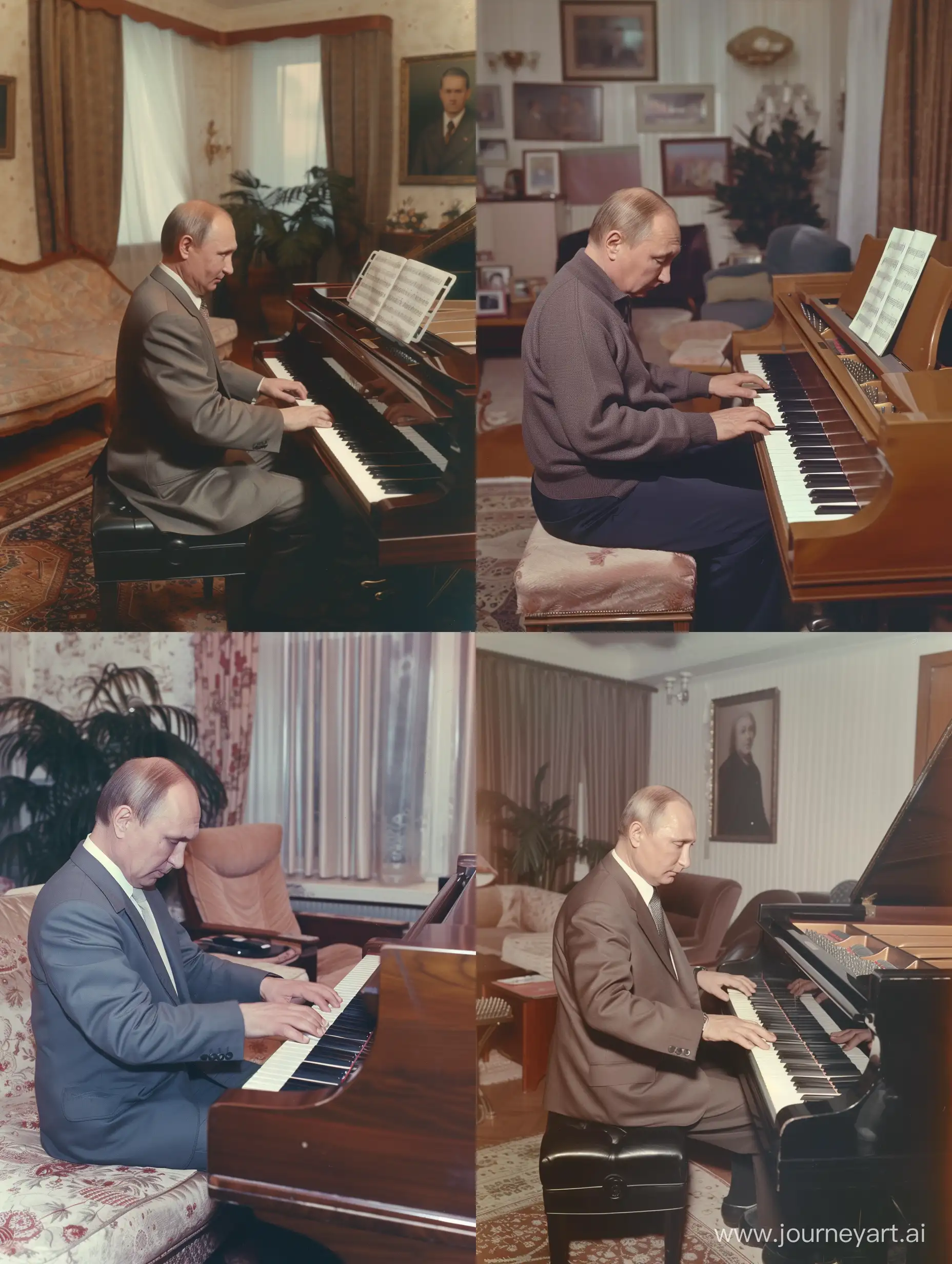Full Color Candid Photo 1985, Phone photo of Vladimir Putin playing piano in a living room. He is facing the camera/ viewer. The photo was posted in 2018 on Reddit.