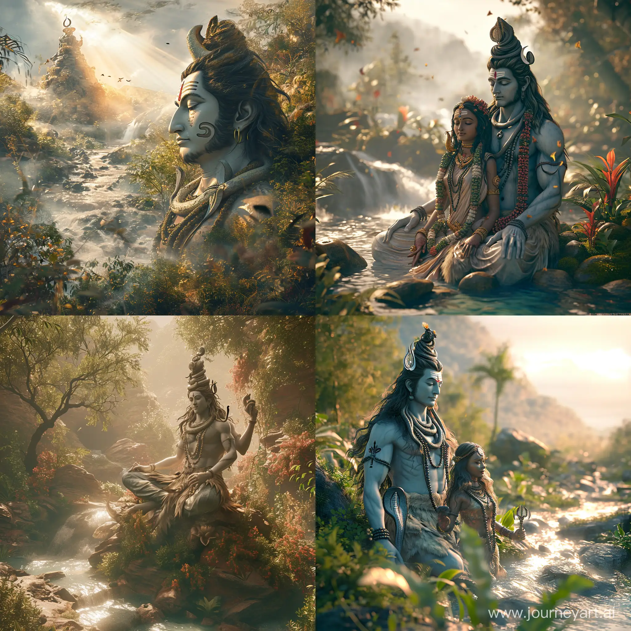 authentic scene of a Hindu deity ‘Lord Shiva’ and goddess ‘Parvati’ on a sacred journey, capturing the subtle play of light and shadows on the deity's ethereal form. Infuse the surroundings with realistic elements, like textured landscapes, flowing rivers, and lush flora, harmonizing the divine presence with the natural world in a seamless, awe-inspiring composition, realistic, hd graphics, unreal engine, hyper realistic, cinematic lighting