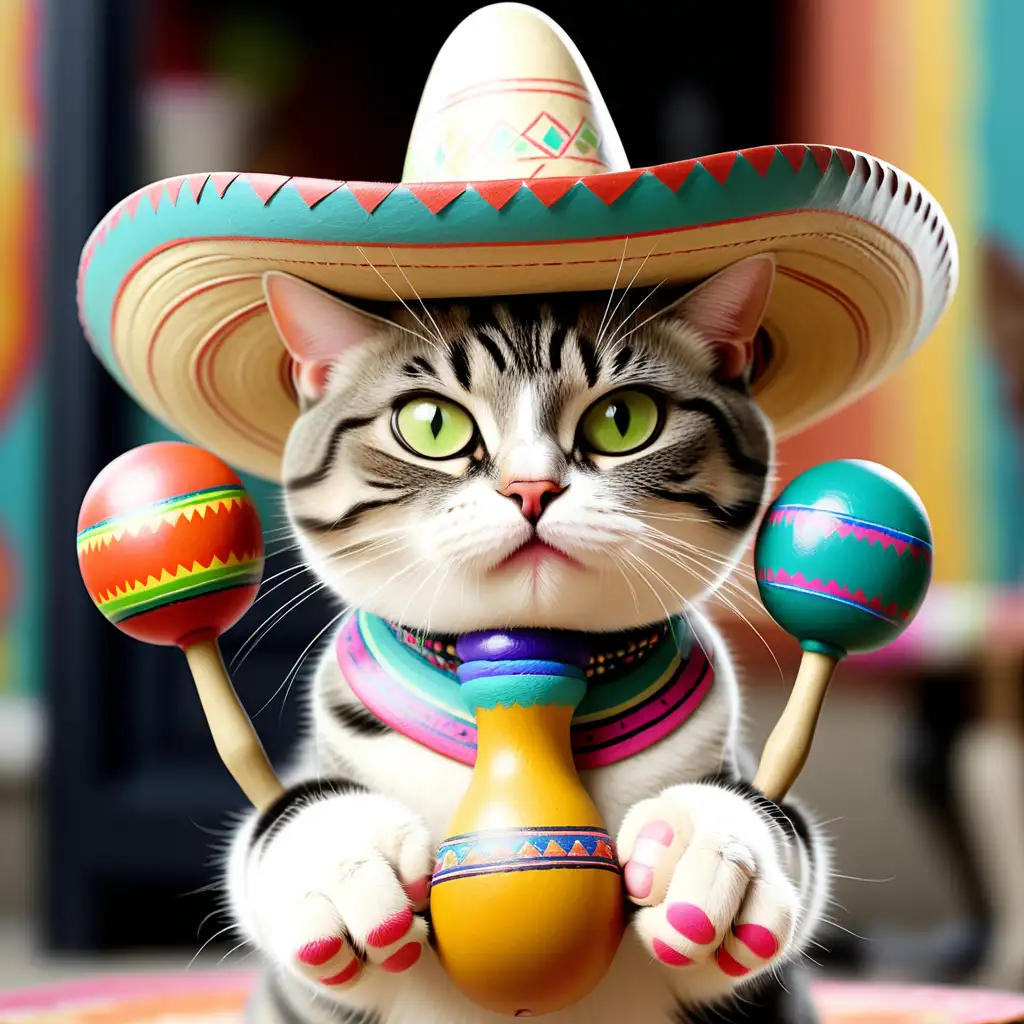 One Cat wearing a sombrero holding “two” big maracas with its 2 front paws and has a serious looks on its face