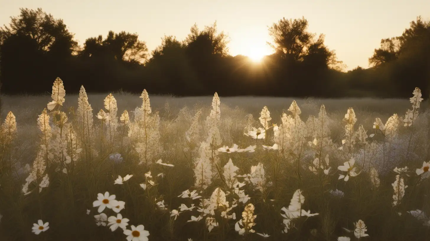 /envision prompt: A boho photography capture of a field of wildflowers in creamy beige tones, shot with a 35mm lens. Embrace the art of photography, envisioning this scene as a capture by Ansel Adams. The frame is filled with a sprawling field of wildflowers, their creamy beige petals contrasting against the surrounding foliage. The color temperature is cool yet vibrant, enhancing the clarity of each bloom. Opt for natural lighting, allowing the interplay of light and shadow to highlight the intricate textures. If featuring subjects, capture candid expressions of awe and connection to nature. The overall atmosphere echoes the purity and authenticity of the wilderness. --v 5 --stylize 1000