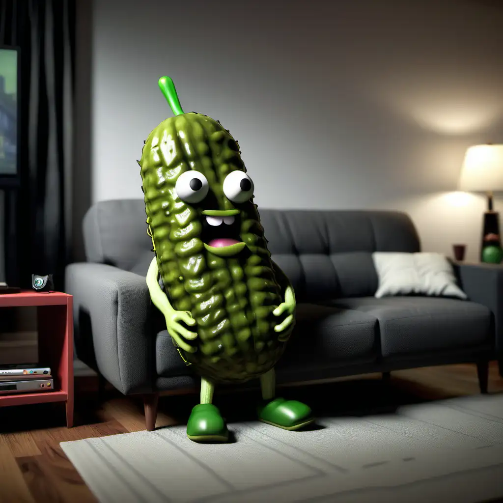A realistic pickle, sitting on a couch, in a living room, playing  video games