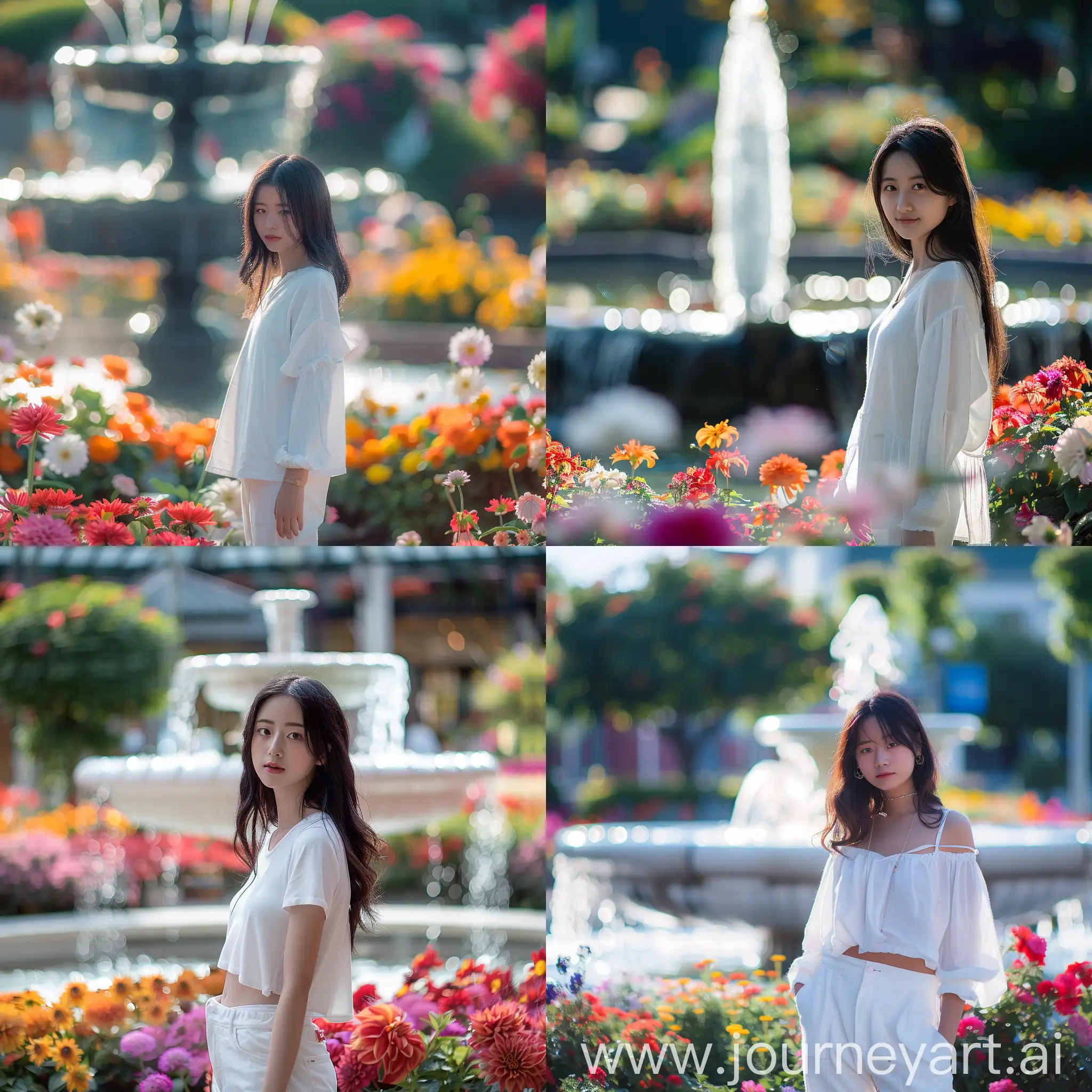 A fountain, colorful flower garden, a lone 22 years old Asian girl, casual white clothes, standing in front of the fountain, Professional photography, bokeh, natural lighting, canon lens, shot on dslr 64 megapixels sharp focus