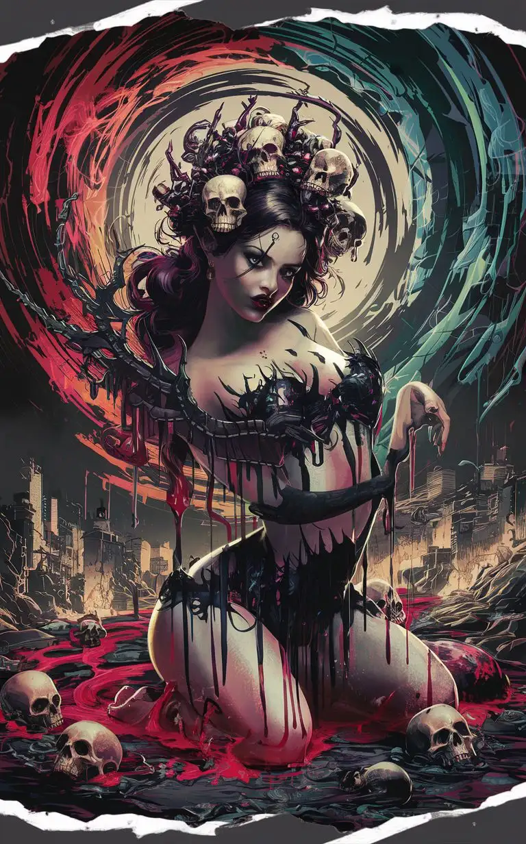 crazy horror skull odalisque, chaotic crown, sexy horror, chaos ornamental assimetrical, chinese poster, torn poster edge, alphonse mucha hiperdetailed, highcontrast colors, deep perspective backgroung, explosive dripping colors, sticker art