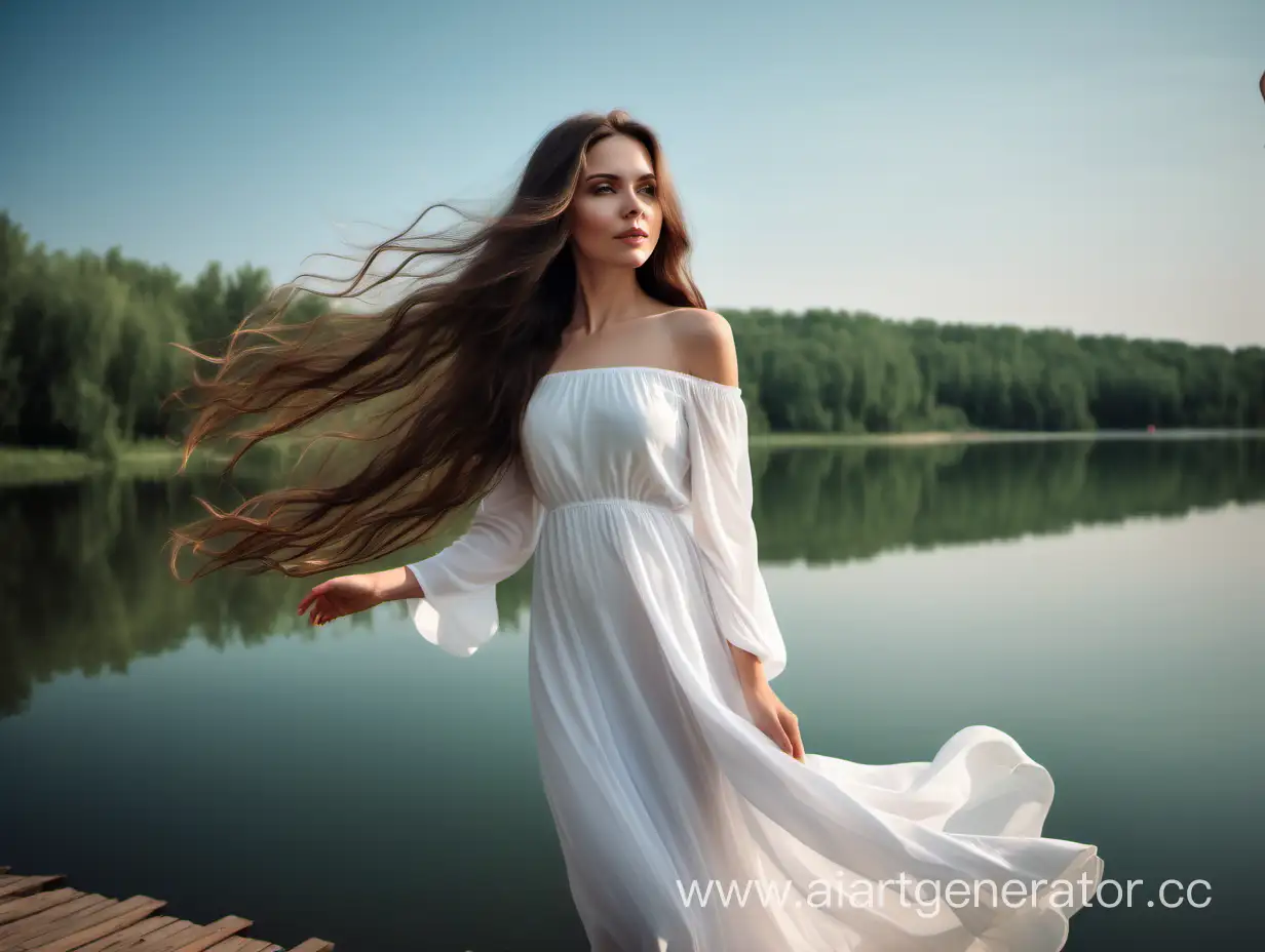 high-quality photo of a brunette girl in a white dress with long flowing hair, posing by the lake