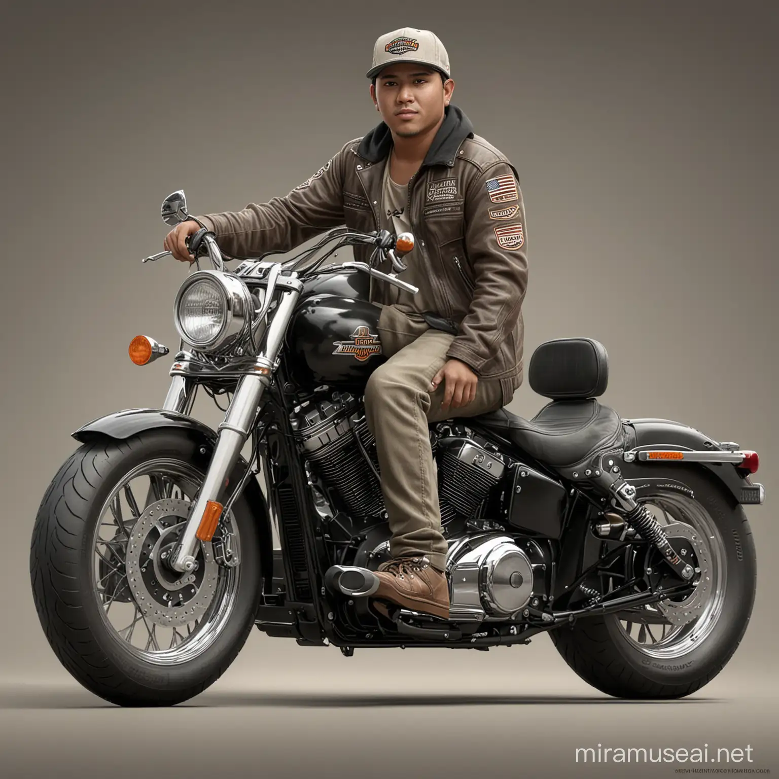  Photo realistic a male from Indonesian 25 years old,slightly chubby face,medium weight,wear hat,naik motor Harley Davidson, background abu-abu, 16k, high resolusi,wear sneaker,full body, long shoot
