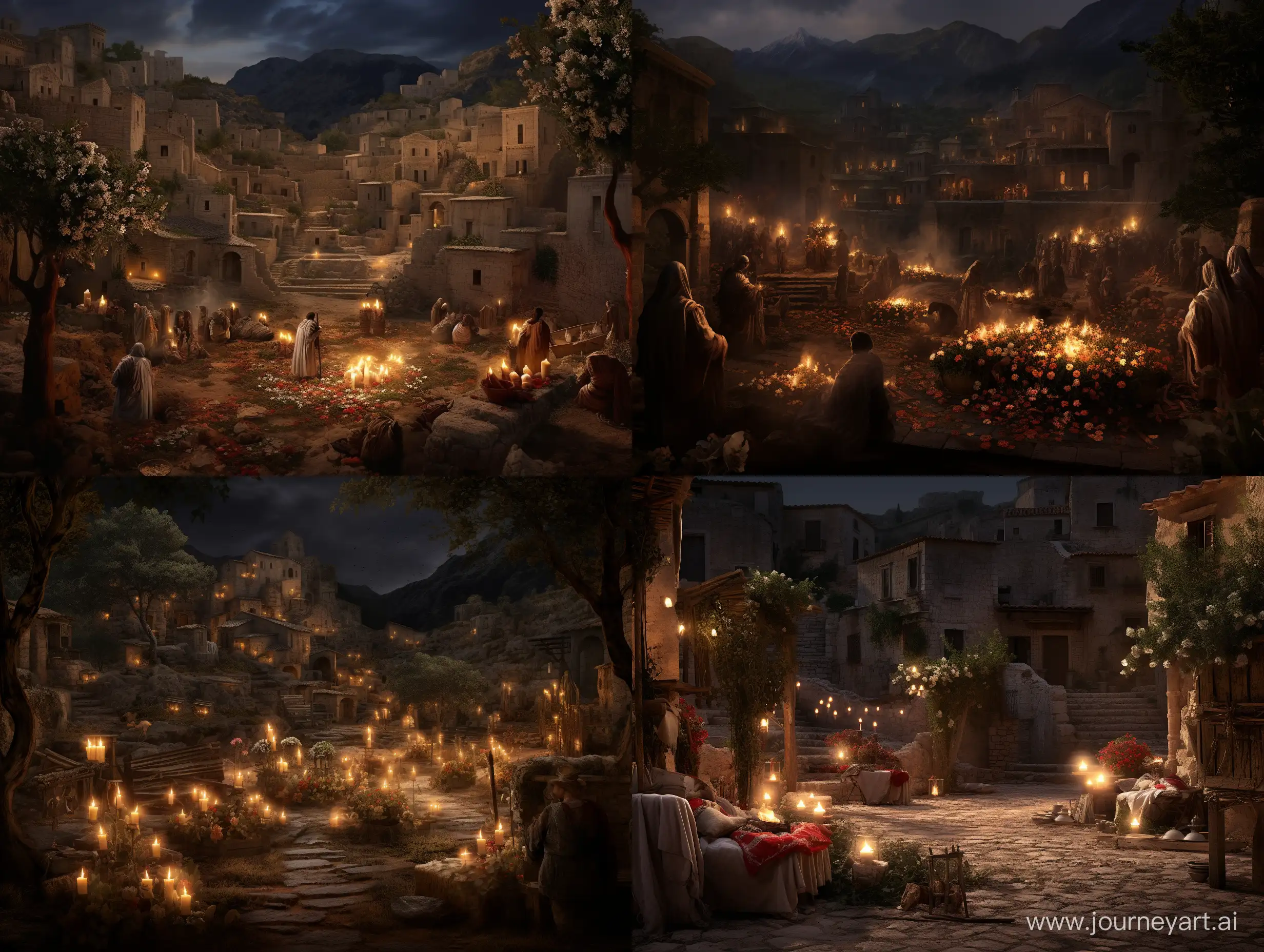 In the ancient biblical village, under the muted glow of flickering candles, a grieving community gathers in the dimly lit square, draped in somber attire. The air is thick with sorrow as the haunting strains of Mozart's Lacrimosa resonate through the ancient stone buildings. A makeshift memorial stands at the center, adorned with wilted flowers, and the villagers, their faces etched with grief, share silent reflections amid the mournful melody. The scene captures a poignant moment of collective mourning and contemplation, where the timeless music of Lacrimosa amplifies the depth of emotions, weaving a tapestry of sorrow, spirituality, and the shared human experience in the face of profound loss.
