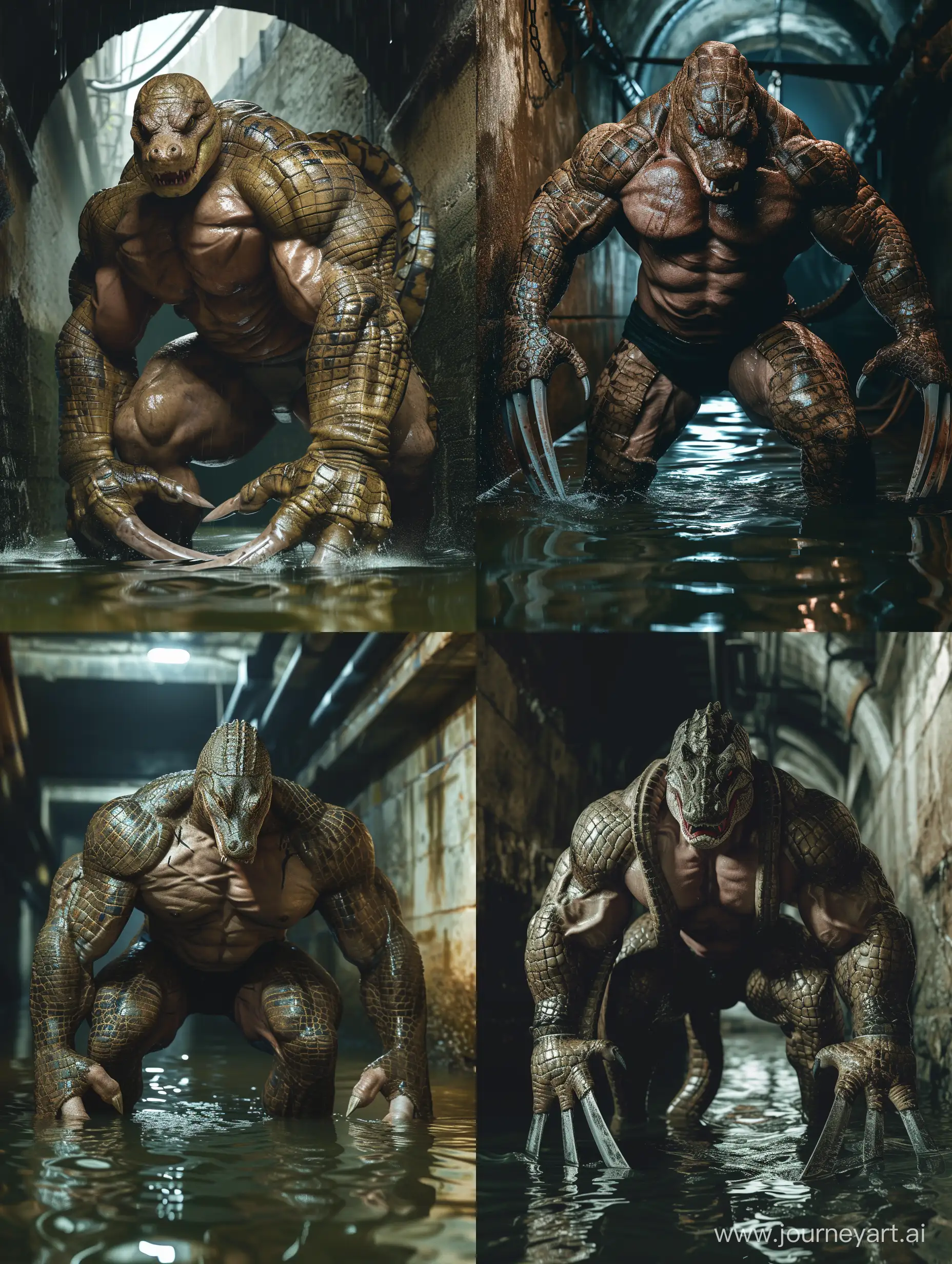 Bodybuilder with alligator skin and face of a snake, large claws, lurking in knee deep water in the sewers, ultra realistic, photorealistic, 8k, full body