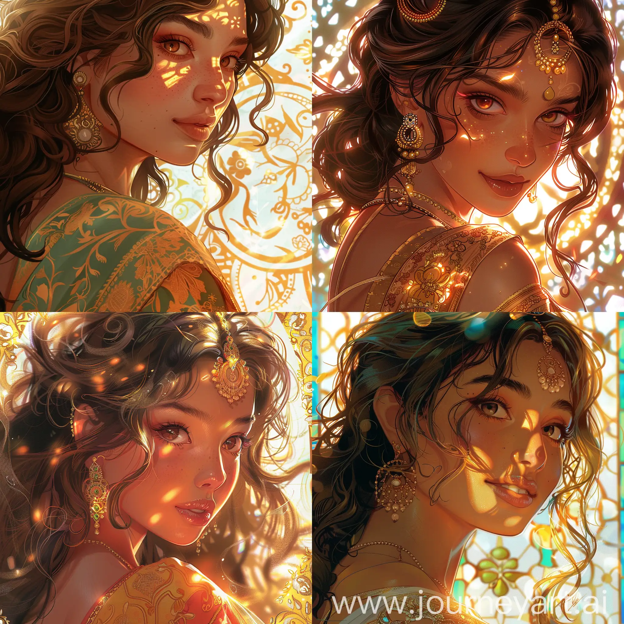 a close up of a woman with a INDIAN dress, in the style of Alphonse Mucha, stunning character art, beautiful female teacher,magic, golden glass, pixiv illustration,anime, curly brown hair with single pony tail,india style, children’s book illustration, whimsical and simple illustration aesthetic, bright colors, in the style of Clémence Guillemaud