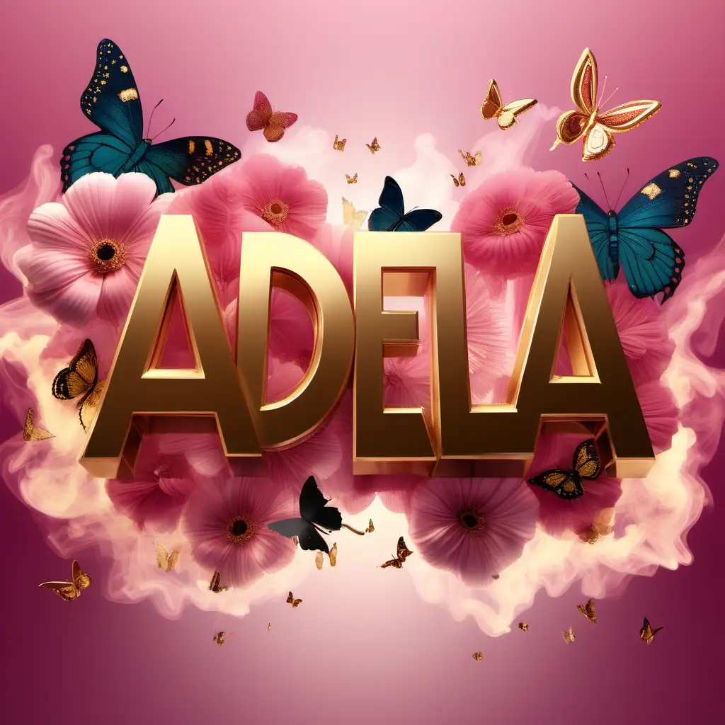the name "Adela" in vibrant gold letters surrounded by pink and gold smoke, flowers and butterflies